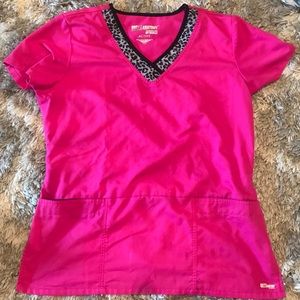 Greys Anatomy Hot Pink scrub top leopard neck trim